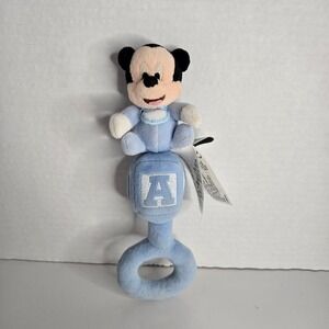 Disney Parks Blue Alphabet Block Mickey Mouse Rattle 8" ABC Baby Toy